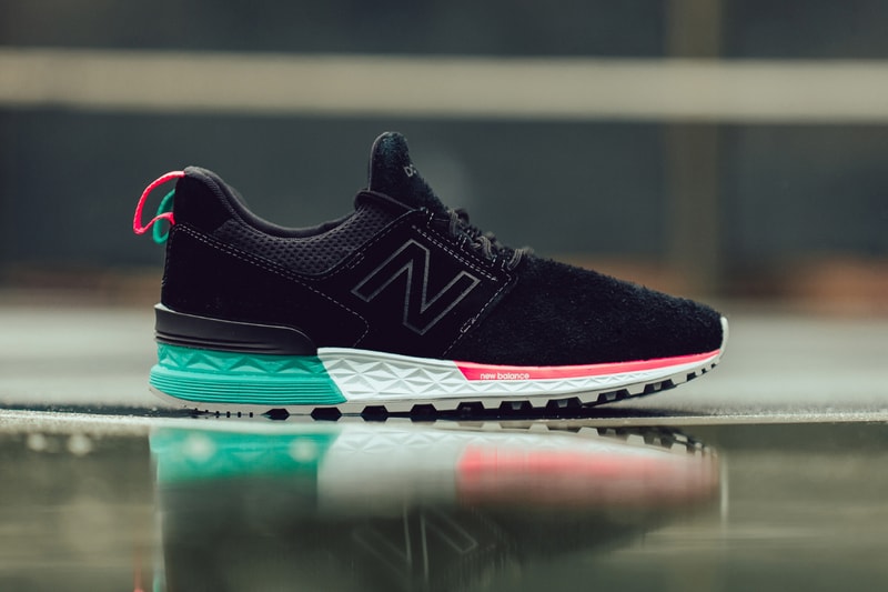 New Balance 574 black tidepool white footwear pink teal aquamarine south beach miami feature sneaker boutique