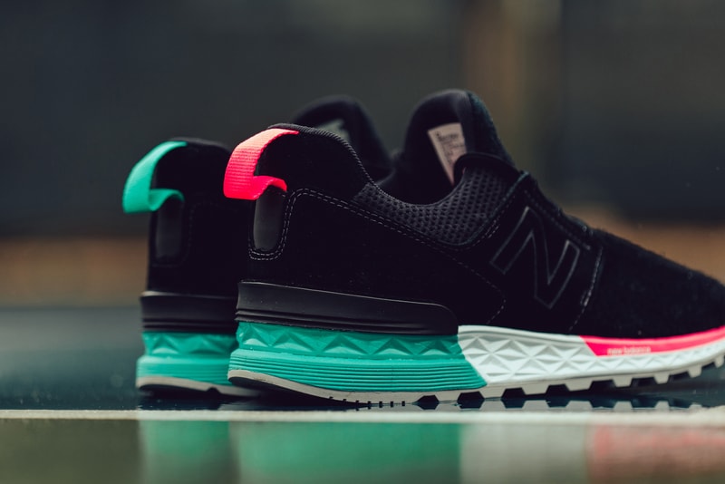New Balance 574 black tidepool white footwear pink teal aquamarine south beach miami feature sneaker boutique