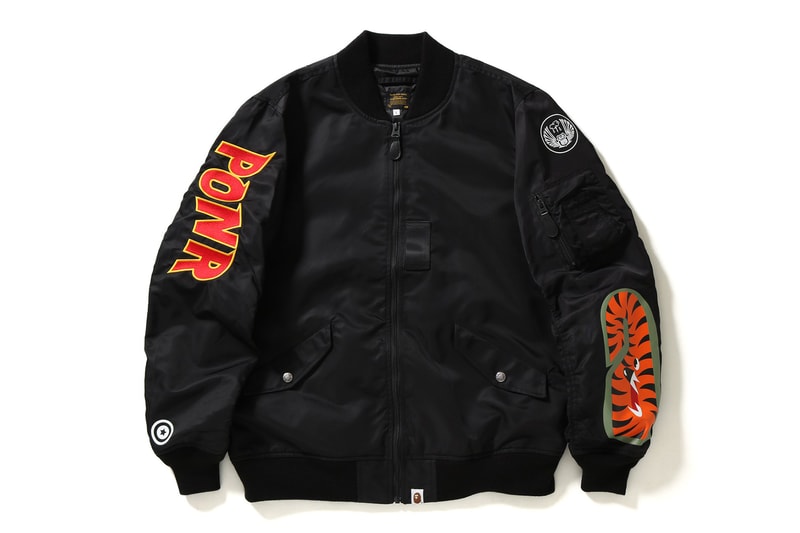 BAPE embroidered shark bomber ma 1 jacket ponr face details 2018 march 3 drop release day info black navy Spring summer 2018