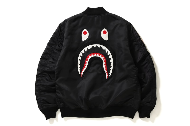 BAPE embroidered shark bomber ma 1 jacket ponr face details 2018 march 3 drop release day info black navy Spring summer 2018