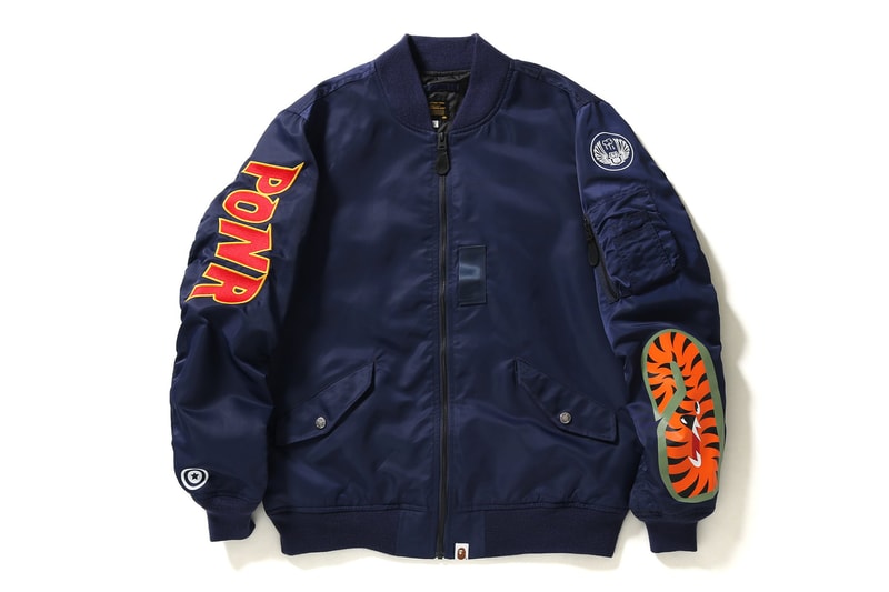 BAPE embroidered shark bomber ma 1 jacket ponr face details 2018 march 3 drop release day info black navy Spring summer 2018
