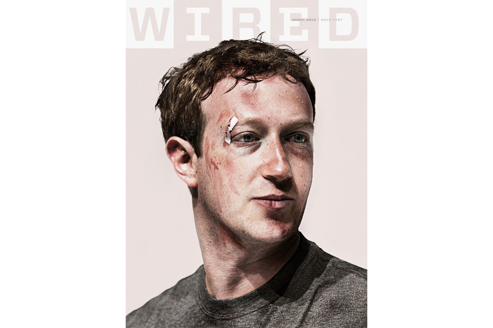 Mark Zuckerberg WIRED Cover 2018 March jake rowland issue bruise black eye scar composite photo