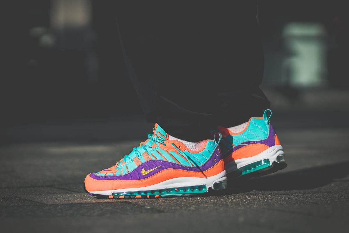 Nike Air Max 98 Cone On Feet orange purple turquoise 2018 february release date info sneakers shoes footwear your yellow hyper grape