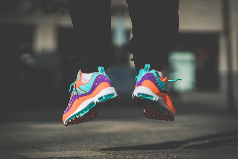 Nike Air Max 98 Cone On Feet orange purple turquoise 2018 february release date info sneakers shoes footwear your yellow hyper grape