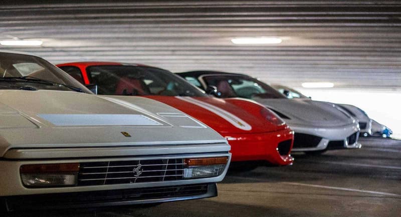 Supercars Collecting Dust Parking Garage Alfa Romeo Aston Martin Chevrolet Chrysler Prowler Ferrari Ford GT Mustang Jaguar Lamborghini Aventador Porsche