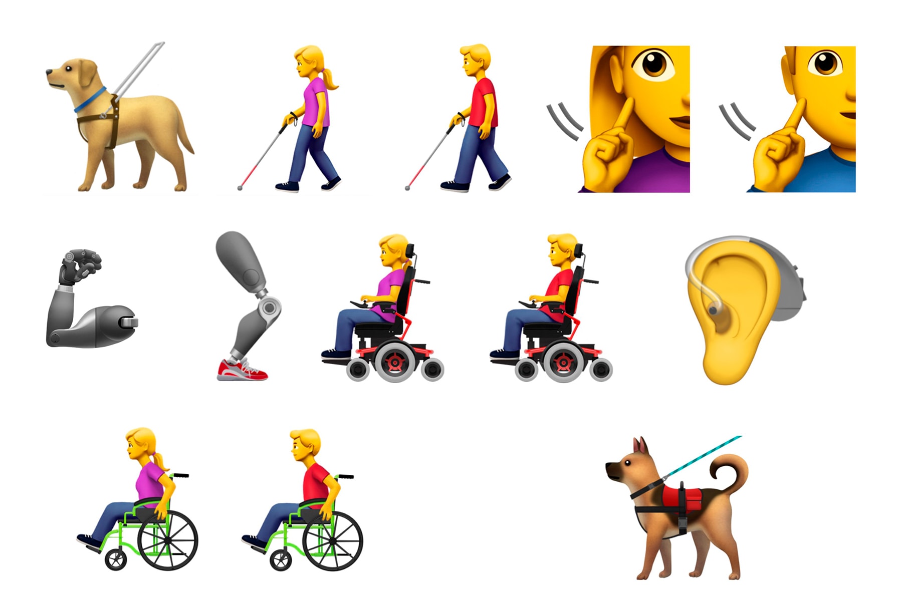 Apple iPhone Accessibility Emoji Guide Dog Cane Deaf Sign Hearing Aid Ear Wheelchair Mechanical Prosthetic Arm Leg Service
