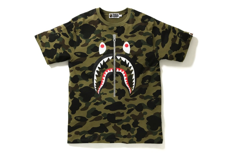 BAPE 1ST CAMO SHARK CREWNECK TEE Streetwear Mens Fashion Menswear Men Clothing Japan Culture Street style Luxury label green yellow camouflage a bathing ape zip zipper front 