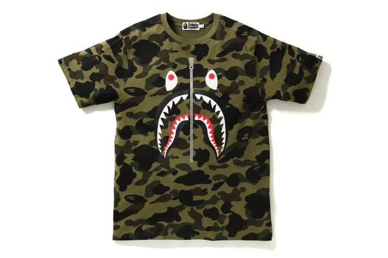 BAPE 1ST CAMO SHARK CREWNECK TEE Streetwear Mens Fashion Menswear Men Clothing Japan Culture Street style Luxury label green yellow camouflage a bathing ape zip zipper front