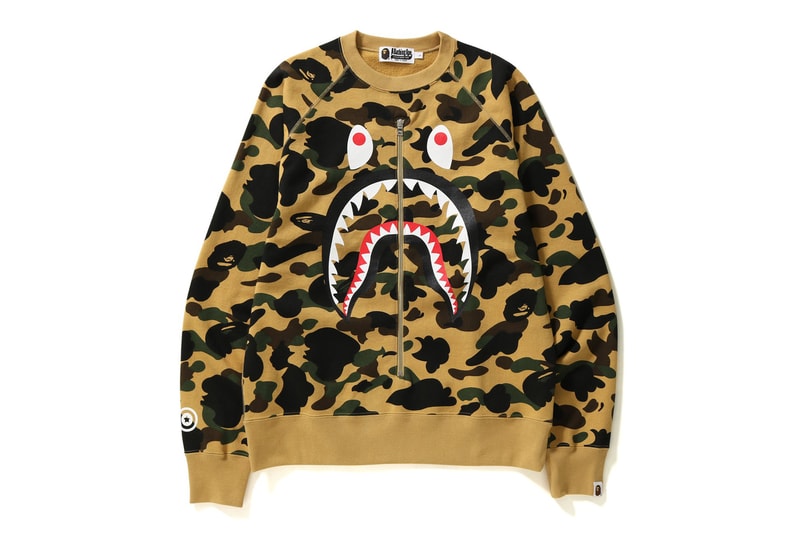 BAPE 1ST CAMO SHARK CREWNECK TEE Streetwear Mens Fashion Menswear Men Clothing Japan Culture Street style Luxury label green yellow camouflage a bathing ape zip zipper front 