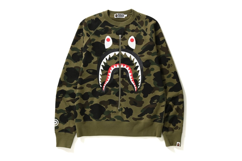 BAPE 1ST CAMO SHARK CREWNECK TEE Streetwear Mens Fashion Menswear Men Clothing Japan Culture Street style Luxury label green yellow camouflage a bathing ape zip zipper front 