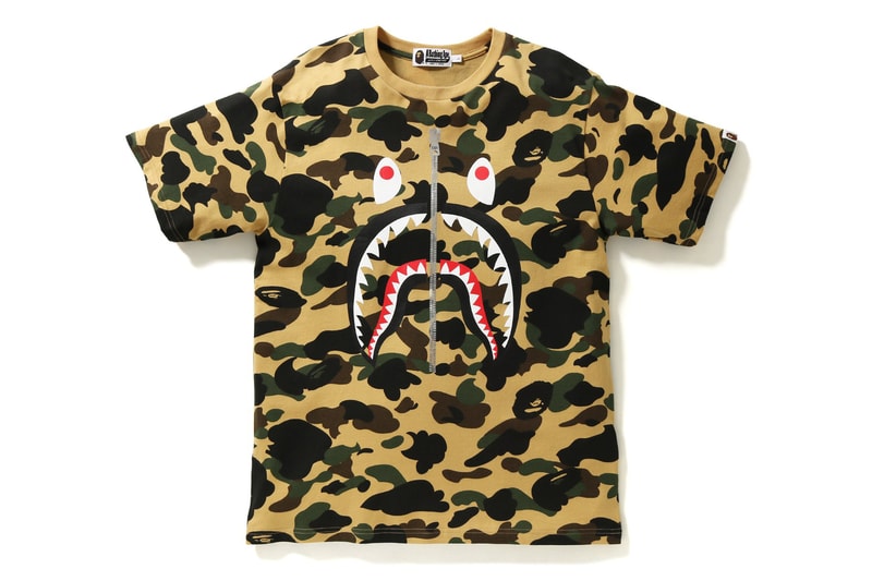 BAPE 1ST CAMO SHARK CREWNECK TEE Streetwear Mens Fashion Menswear Men Clothing Japan Culture Street style Luxury label green yellow camouflage a bathing ape zip zipper front 