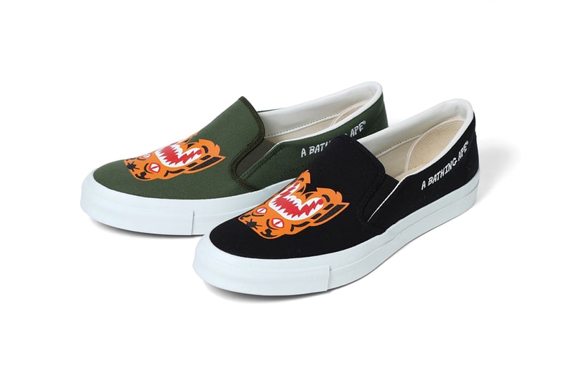 BAPE Tiger Slip On black olive green spring summer 2018 march 17 release date info sneakers shoes footwear a bathing ape tiger embroidery