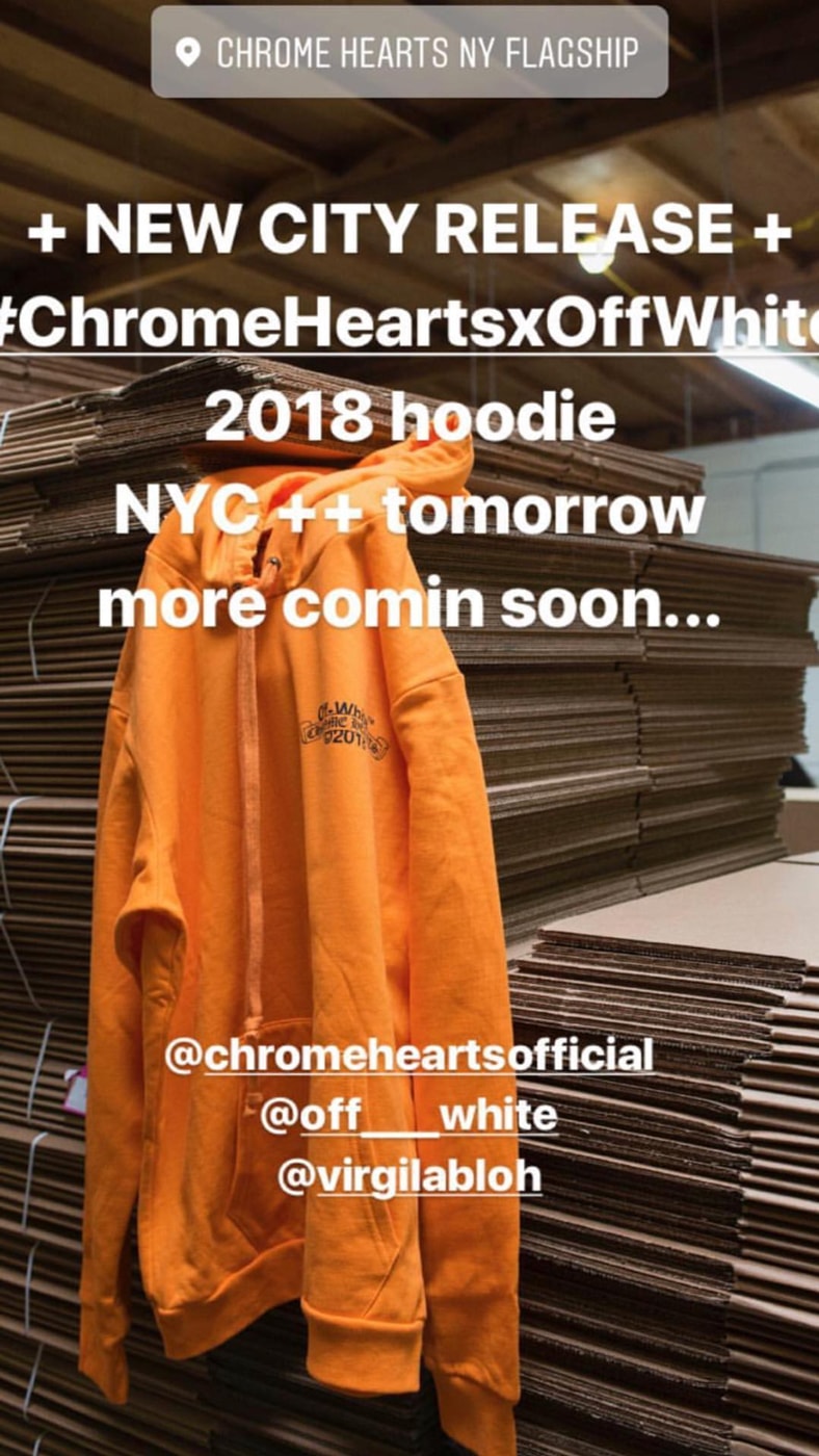 Chrome Hearts Off-White collaboration hoodie orange logo branding drop new york city nyc exclusive limited special edition march 29 2018