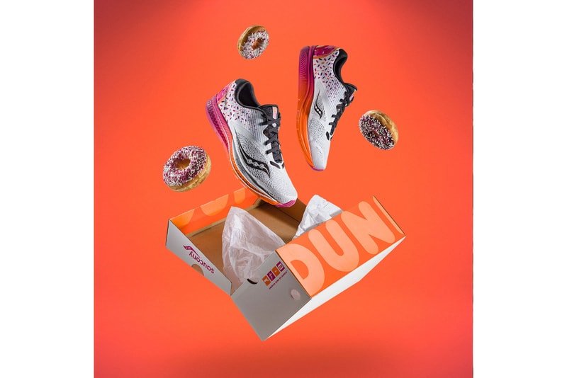 Dunkin’ Donuts  Saucony Kinvara 9 sprinkle magenta orange frosted donuts iced hot coffee