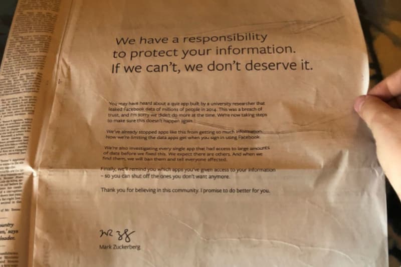 Mark Zuckerberg Facebook Newspaper Ads Apology The Observer The Sunday Times Mail on Sunday Sunday Mirror Sunday Express Sunday Telegraph The New York Times The Washington Post The Wall Street Journal