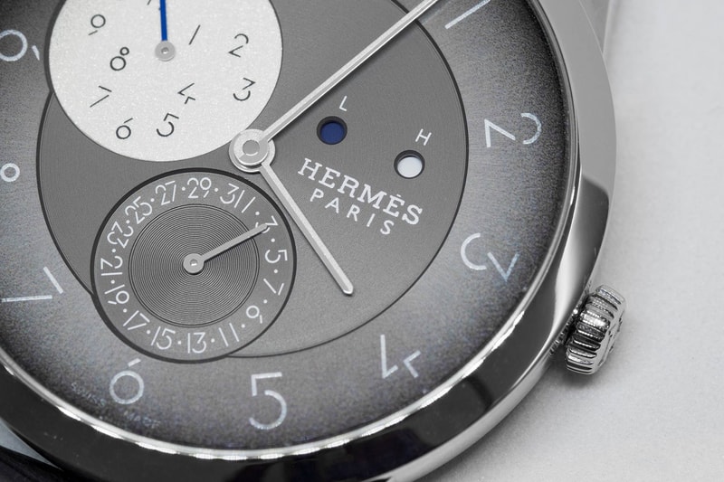 Hermes Slim d'Hermes GMT Watch Watches Palladium Slate Gray Silvered GMT Indicator Arabic Numerals Matte Graphite Alligator Strap Pin Buckle 30 Meters Water Resistant Releasing June 2018 $14,700 USD Inspiration