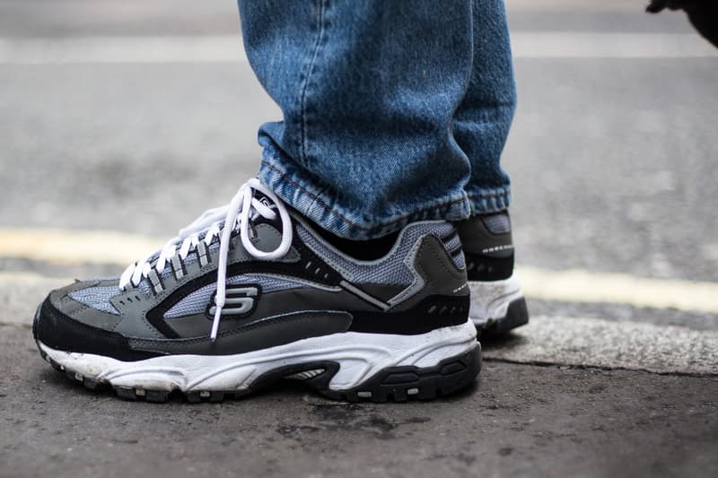 London Street Style March 2018 Footwear Round 1 Sneakers Shoes Trainers Kicks Levis x Nike Air Jordan 4 Navy Black Pigeon SB Dunk Low Sketchers Air Jordan 1 x Off-White White Virgil Abloh Yeezy Powerphase Black Bapestas Golf Le Fleurs Blue Pink Vetements Reebok Instapump Converse Fragment Sacai All Stars J.W. Anderson Converse Nike Lunar Force 1 Acronym 17 Nike Air Monarch