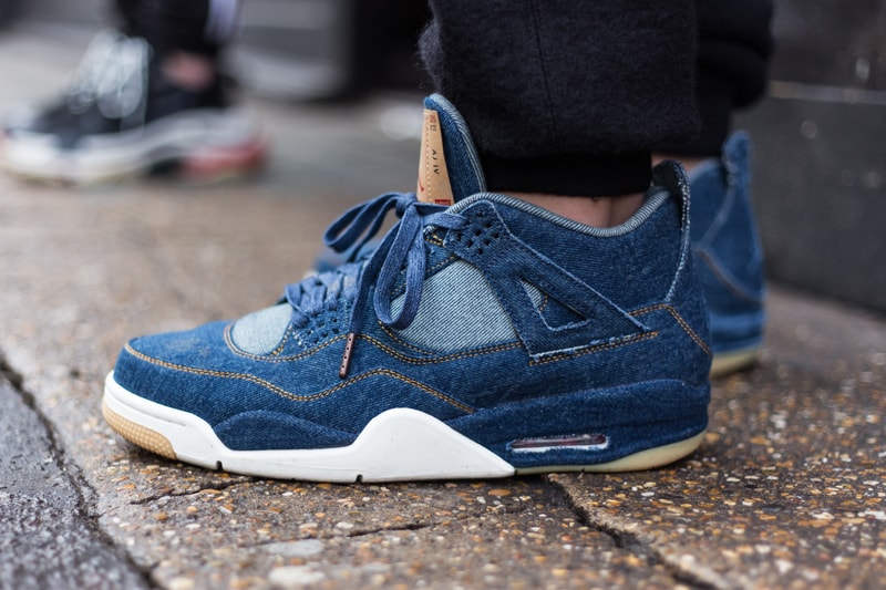 London Street Style March 2018 Footwear Round 1 Sneakers Shoes Trainers Kicks Levis x Nike Air Jordan 4 Navy Black Pigeon SB Dunk Low Sketchers Air Jordan 1 x Off-White White Virgil Abloh Yeezy Powerphase Black Bapestas Golf Le Fleurs Blue Pink Vetements Reebok Instapump Converse Fragment Sacai All Stars J.W. Anderson Converse Nike Lunar Force 1 Acronym 17 Nike Air Monarch