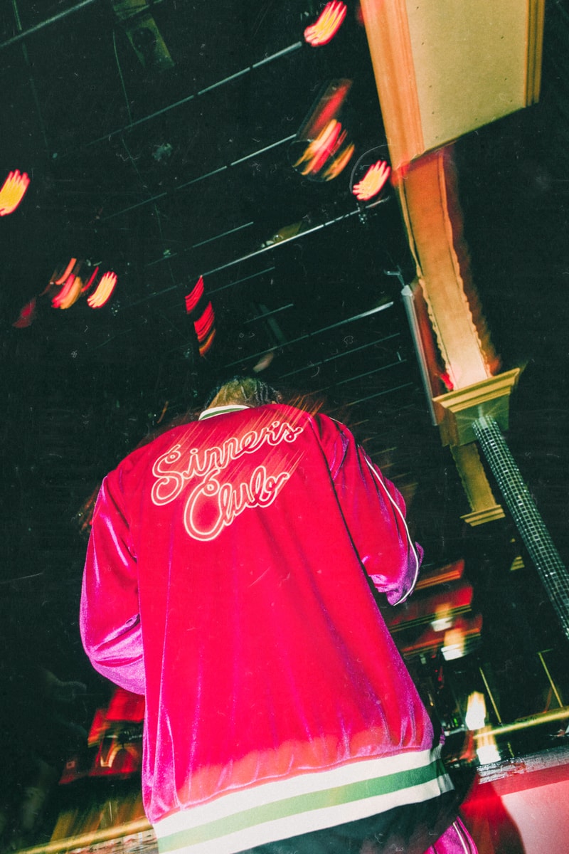 Feature Mitchell & Ness "Sinner's Club" Capsule Clothing Collection Capsule warmup warm up suit velour shorts jacket t-shirt hat tear away pants