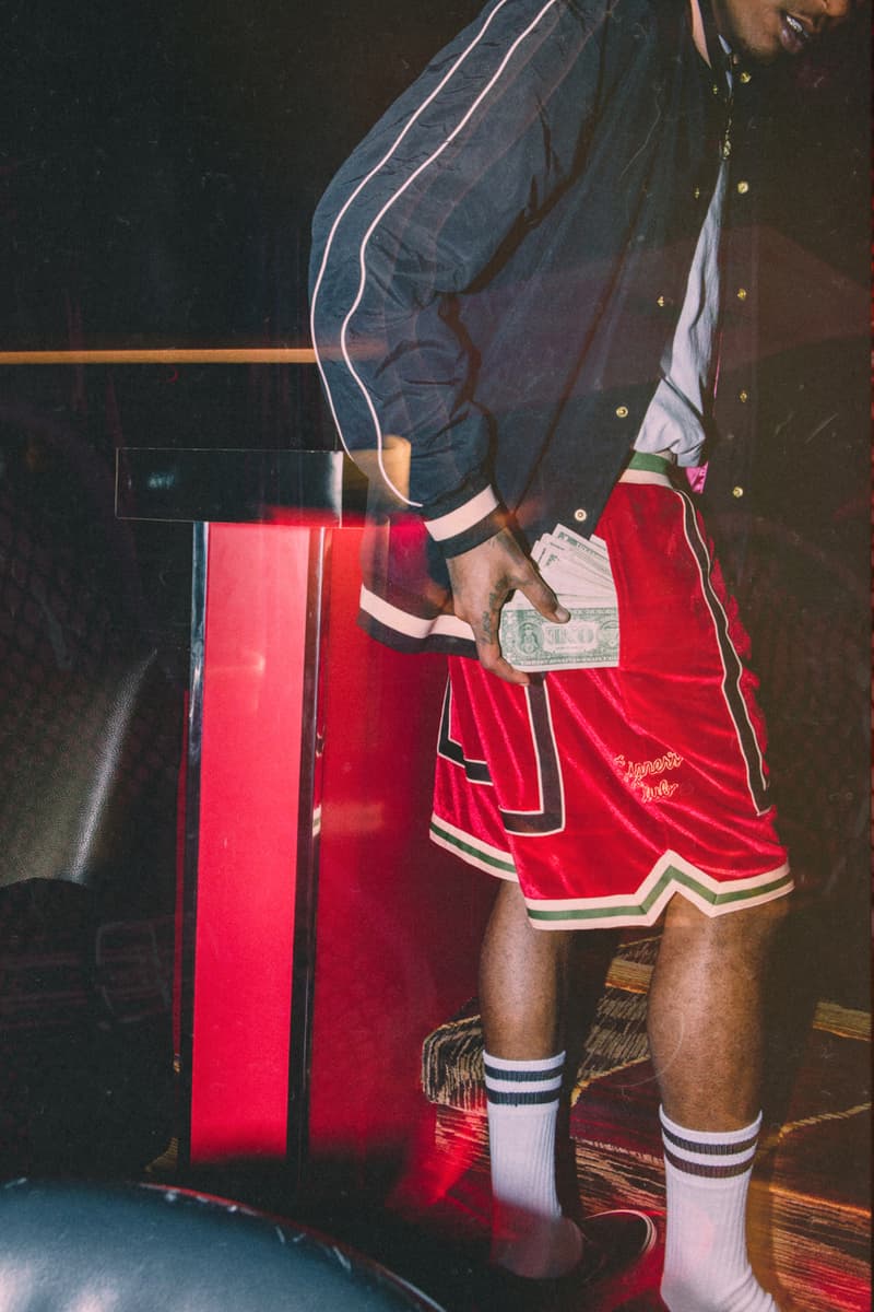 Feature Mitchell & Ness "Sinner's Club" Capsule Clothing Collection Capsule warmup warm up suit velour shorts jacket t-shirt hat tear away pants