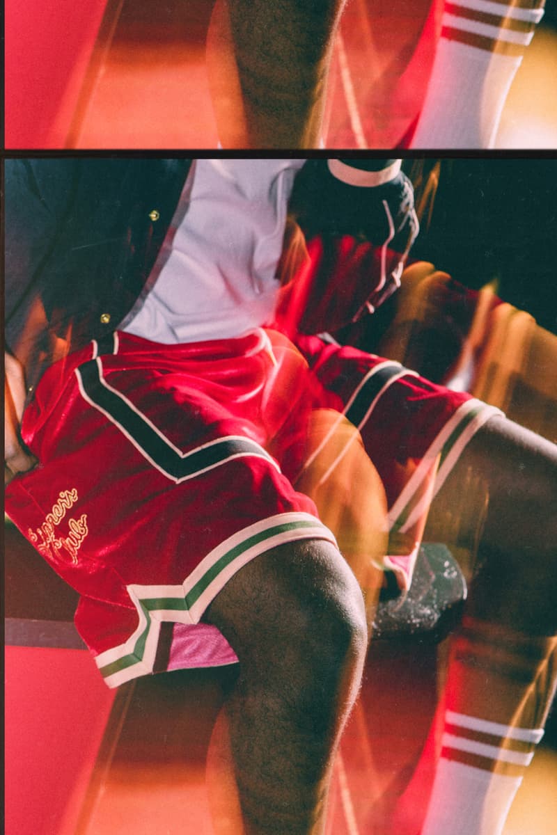 Feature Mitchell & Ness "Sinner's Club" Capsule Clothing Collection Capsule warmup warm up suit velour shorts jacket t-shirt hat tear away pants