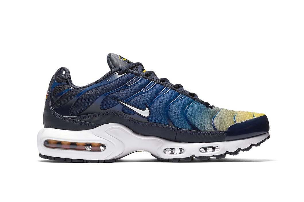 nike air max plus multi-color gradient in blue green and yellow