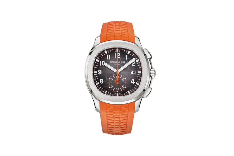 Patek Philippe 5968A Aquanaut Chronograph Steel Watch Orange Black Rubber Straps Arabic Numerals Water Resistant 38,600 CHF $40,700 USD