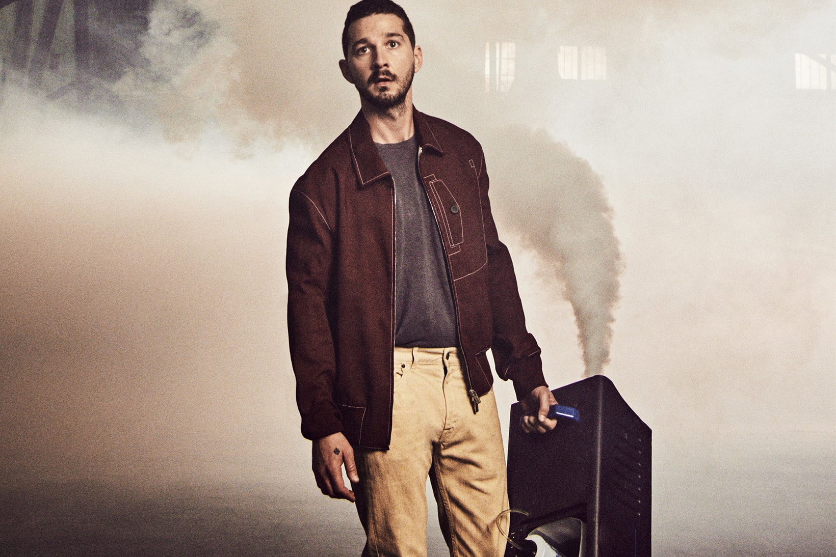 Shia LaBeouf Donates Clothes Kanye West military normcore esquire interview style yeezy cover story 2018 april issue