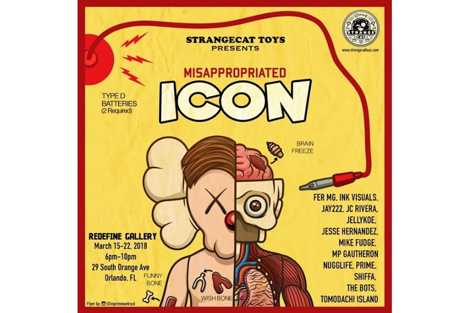 "Misappropriated Icon" KAWS Custom Show Redefine Gallery Presented by StrangeCat Toys Opens March 15 22 Fer MG Ink Visuals Jay222 JC Rivera JellyKoe Jesse Hernandez Mike Fudge MP Gautheron Nugglife Prime Shifa The Bots Tomodachi Island Orlando Florida