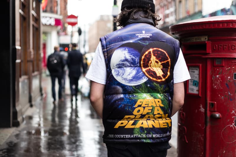 Street Style Supreme UNDERCOVER Public Enemy Streetsnaps Supreme Soho Store London Drop Fear of a Black Planet Fight the Power Chuck D Flava Flav Work Jacket Puffa Jacket