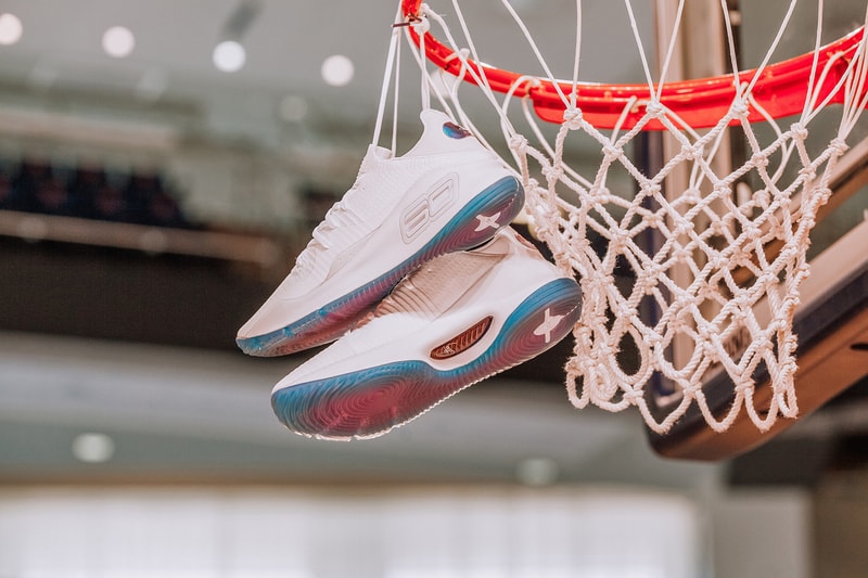 Under Armour Curry 4 Low NCAA March Madness white footwear blue pink translucent sole Auburn UCLA Notre Dame Maryland Texas Tech
