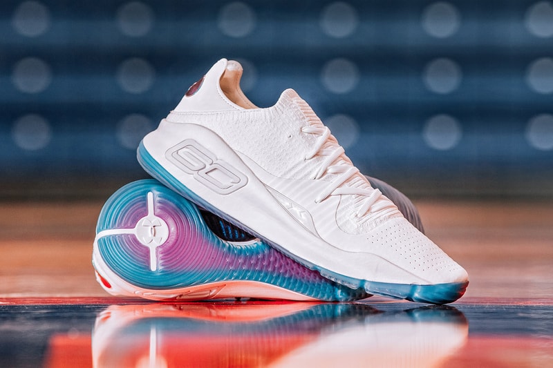 Under Armour Curry 4 Low NCAA March Madness white footwear blue pink translucent sole Auburn UCLA Notre Dame Maryland Texas Tech