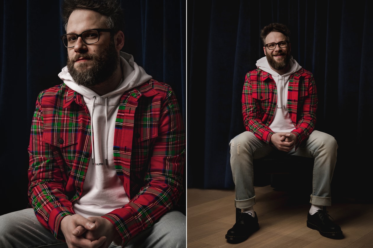 Seth Rogen Raf Simons Oversized Denim Shirt With Applique Detail Glasses Kith Cargo Pants Valentino Sneakers