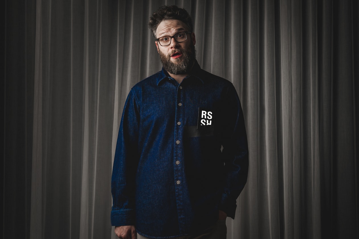 Seth Rogen Raf Simons Oversized Denim Shirt With Applique Detail Glasses Kith Cargo Pants Valentino Sneakers