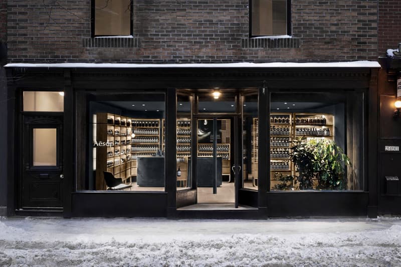 Aesop Store Montreal Alain Carle Architecte Skincare Cosmetics Grooming Dark Green Suede Brass Rich Natural Materials Large Windows White Oak Custom Cabinetry Private Jazz Club Inspiration Skincare Brand Interior Retail Canada Shops Stores Petite Bourgogne Little Burgundy