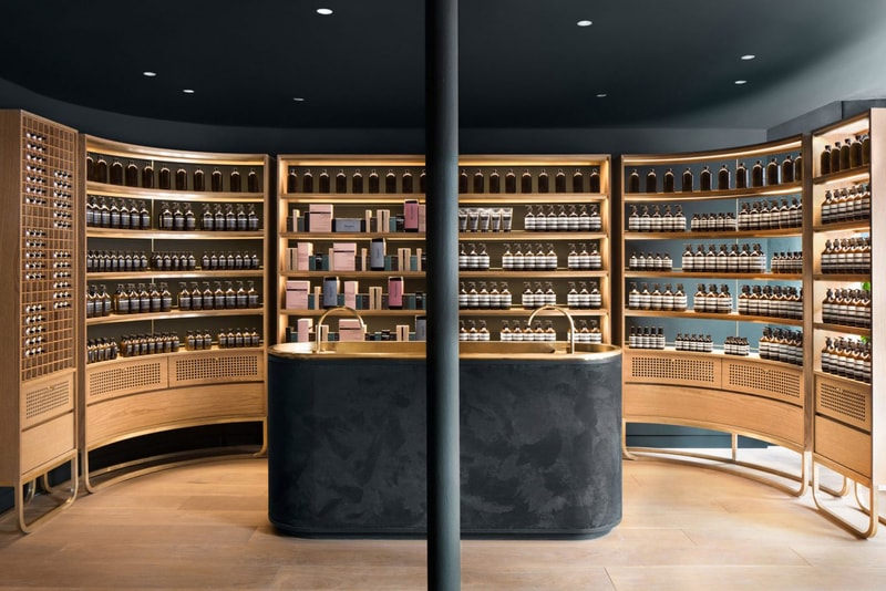 Aesop Store Montreal Alain Carle Architecte Skincare Cosmetics Grooming Dark Green Suede Brass Rich Natural Materials Large Windows White Oak Custom Cabinetry Private Jazz Club Inspiration Skincare Brand Interior Retail Canada Shops Stores Petite Bourgogne Little Burgundy