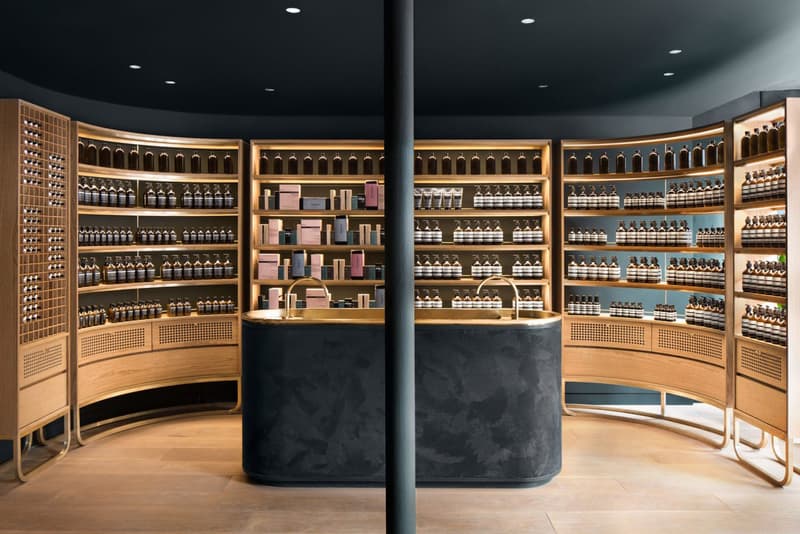 Aesop Store Montreal Alain Carle Architecte Skincare Cosmetics Grooming Dark Green Suede Brass Rich Natural Materials Large Windows White Oak Custom Cabinetry Private Jazz Club Inspiration Skincare Brand Interior Retail Canada Shops Stores Petite Bourgogne Little Burgundy