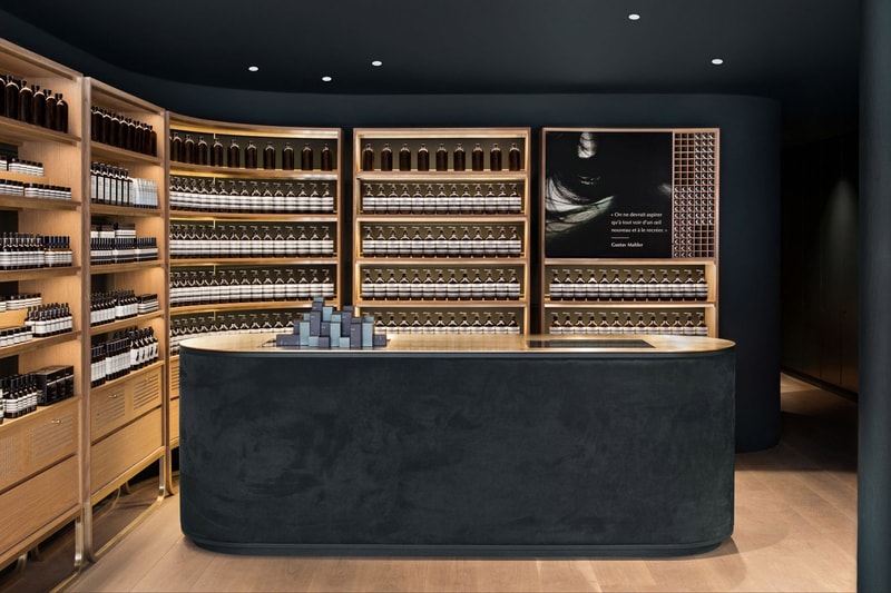 Aesop Store Montreal Alain Carle Architecte Skincare Cosmetics Grooming Dark Green Suede Brass Rich Natural Materials Large Windows White Oak Custom Cabinetry Private Jazz Club Inspiration Skincare Brand Interior Retail Canada Shops Stores Petite Bourgogne Little Burgundy