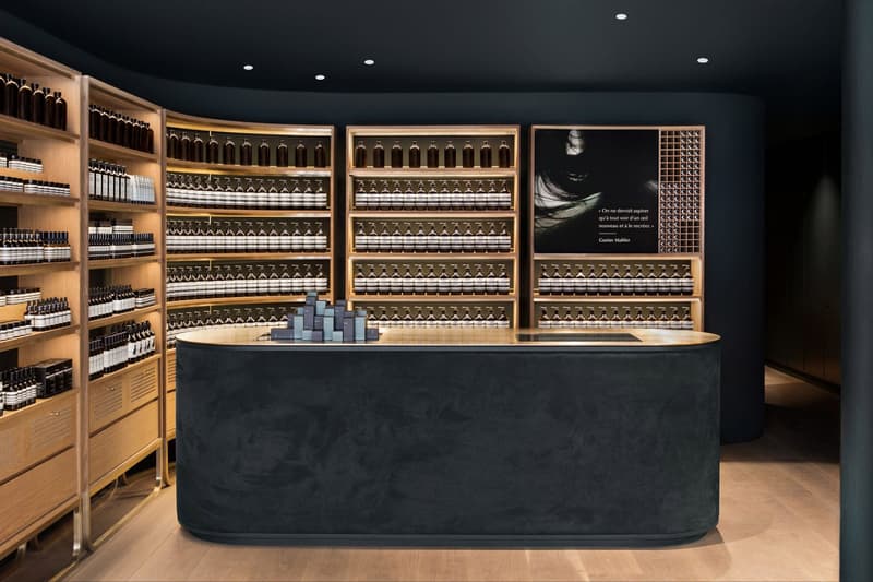 Aesop Store Montreal Alain Carle Architecte Skincare Cosmetics Grooming Dark Green Suede Brass Rich Natural Materials Large Windows White Oak Custom Cabinetry Private Jazz Club Inspiration Skincare Brand Interior Retail Canada Shops Stores Petite Bourgogne Little Burgundy