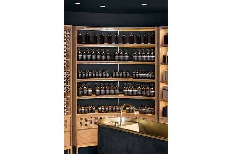 Aesop Store Montreal Alain Carle Architecte Skincare Cosmetics Grooming Dark Green Suede Brass Rich Natural Materials Large Windows White Oak Custom Cabinetry Private Jazz Club Inspiration Skincare Brand Interior Retail Canada Shops Stores Petite Bourgogne Little Burgundy