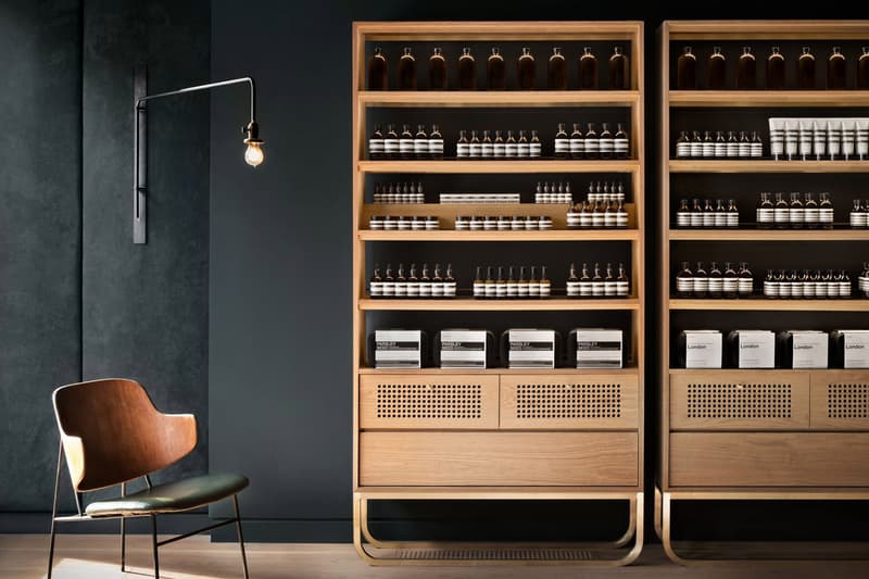 Aesop Store Montreal Alain Carle Architecte Skincare Cosmetics Grooming Dark Green Suede Brass Rich Natural Materials Large Windows White Oak Custom Cabinetry Private Jazz Club Inspiration Skincare Brand Interior Retail Canada Shops Stores Petite Bourgogne Little Burgundy