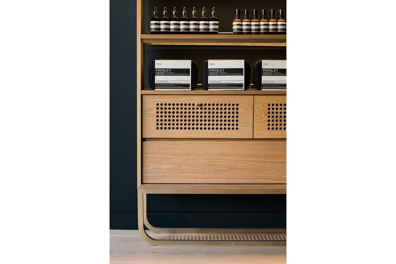 Aesop Store Montreal Alain Carle Architecte Skincare Cosmetics Grooming Dark Green Suede Brass Rich Natural Materials Large Windows White Oak Custom Cabinetry Private Jazz Club Inspiration Skincare Brand Interior Retail Canada Shops Stores Petite Bourgogne Little Burgundy
