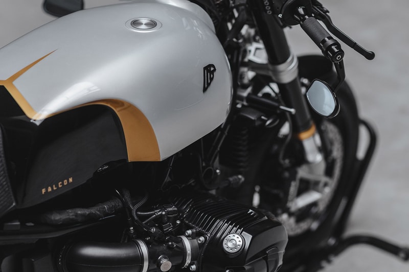 BMW R Nine T Falcon Redesigned Classic Look Aluminium Bodywork Arrow Titanium Exhaust System Motogadget Motoscope Pro Kellermann Atto Signals LED Truck Light ABM Clip-Ons Rizoma Grips