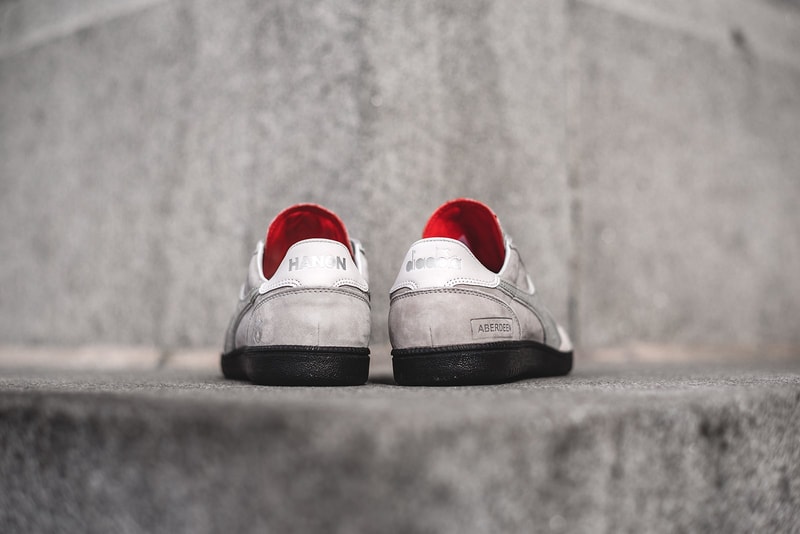 Hanon x Diadora Aberdeen Shoes Closer Look Sneakers Trainers Kicks 70th anniversary Special Collaboration 1979 Court Shoe Handcrafted Italy how to buy purchase cop