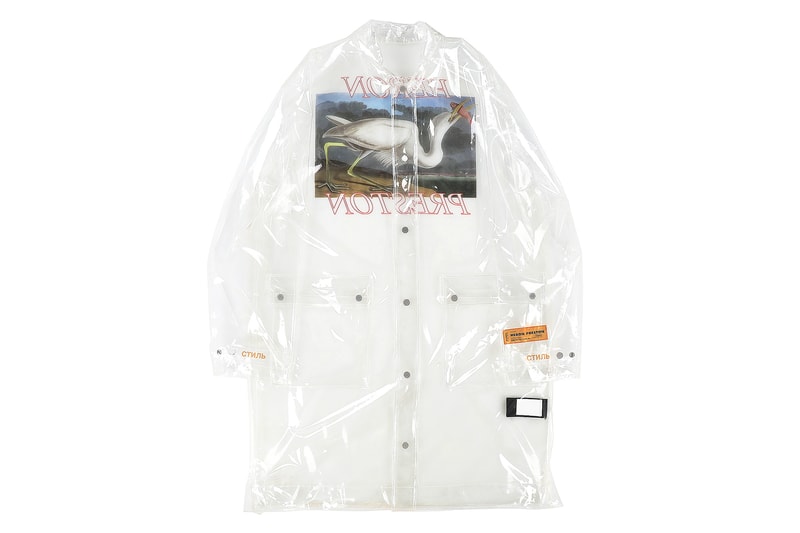 Heron Preston PVC Transparent Raincoat Virgil Abloh Nubian Streetwear Release Details How to Buy Purchase Cop Closer Look Great White Heron Bird John James Audubon