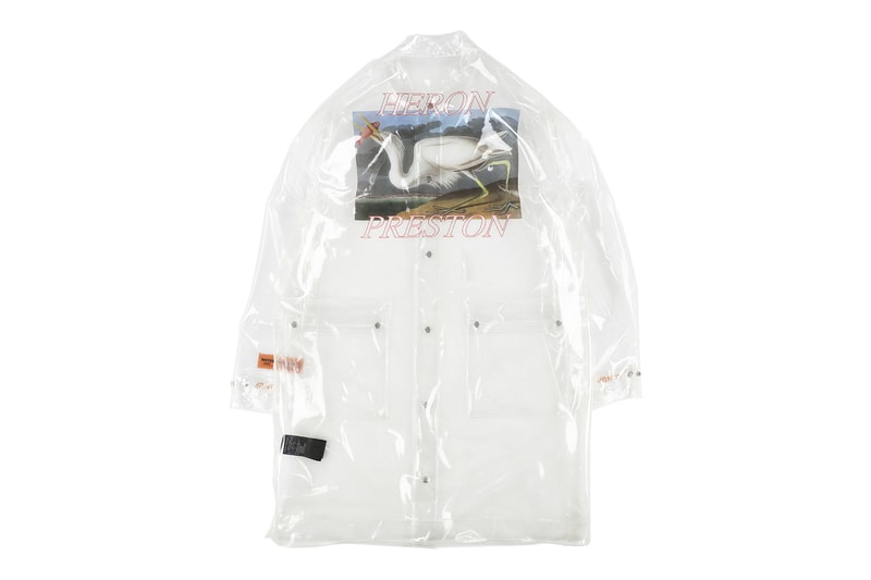 Heron Preston PVC Transparent Raincoat Virgil Abloh Nubian Streetwear Release Details How to Buy Purchase Cop Closer Look Great White Heron Bird John James Audubon