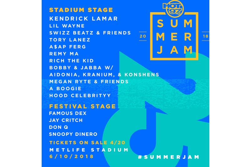 Hot 97 Summer Jam 2018 Festival Lineup Kendrick Lamar Lil Wayne Swizz Beatz Friends Tory Lanez A$AP Ferg Remy Ma Rich The Kid Bobby and Jabba Aidonia Kranium Konshens Megan Ryte A Boogie Hoodcelebrityy Famous Dex Jay Critch Don Q Snoopy Dinero