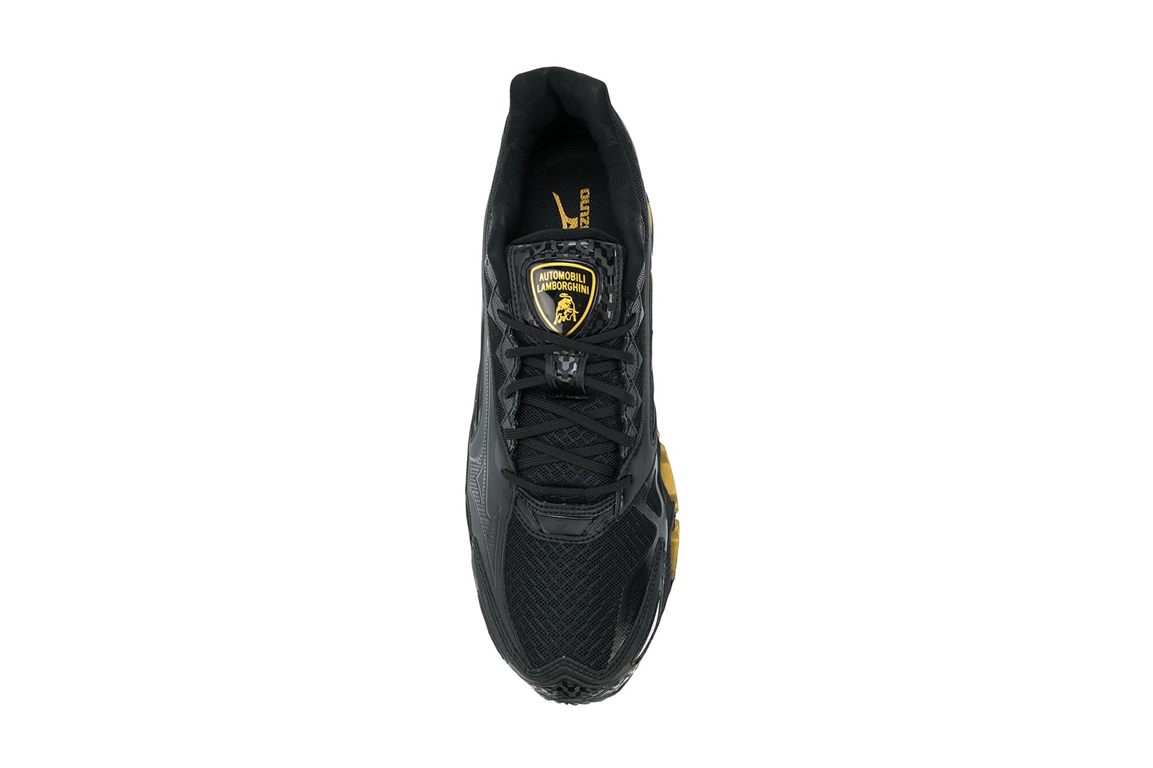 Lamborghini Mizuno Wave Tenjin 3 carbon fiber running sneaker shoe black gold branding logo 2018