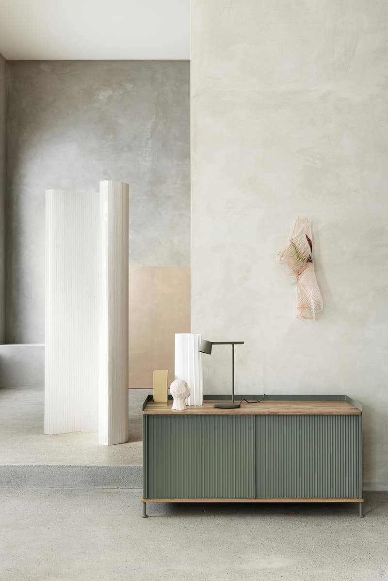 Muuto "New Perspectives" Collection Furniture Base Table High Pendant Lamp Enfold Sideboard Oslo 3-Seater Corner Sofa Pouf The Dots Metal Workshop Coffee Table