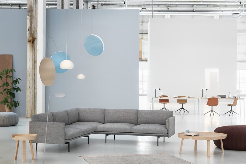 Muuto "New Perspectives" Collection Furniture Base Table High Pendant Lamp Enfold Sideboard Oslo 3-Seater Corner Sofa Pouf The Dots Metal Workshop Coffee Table